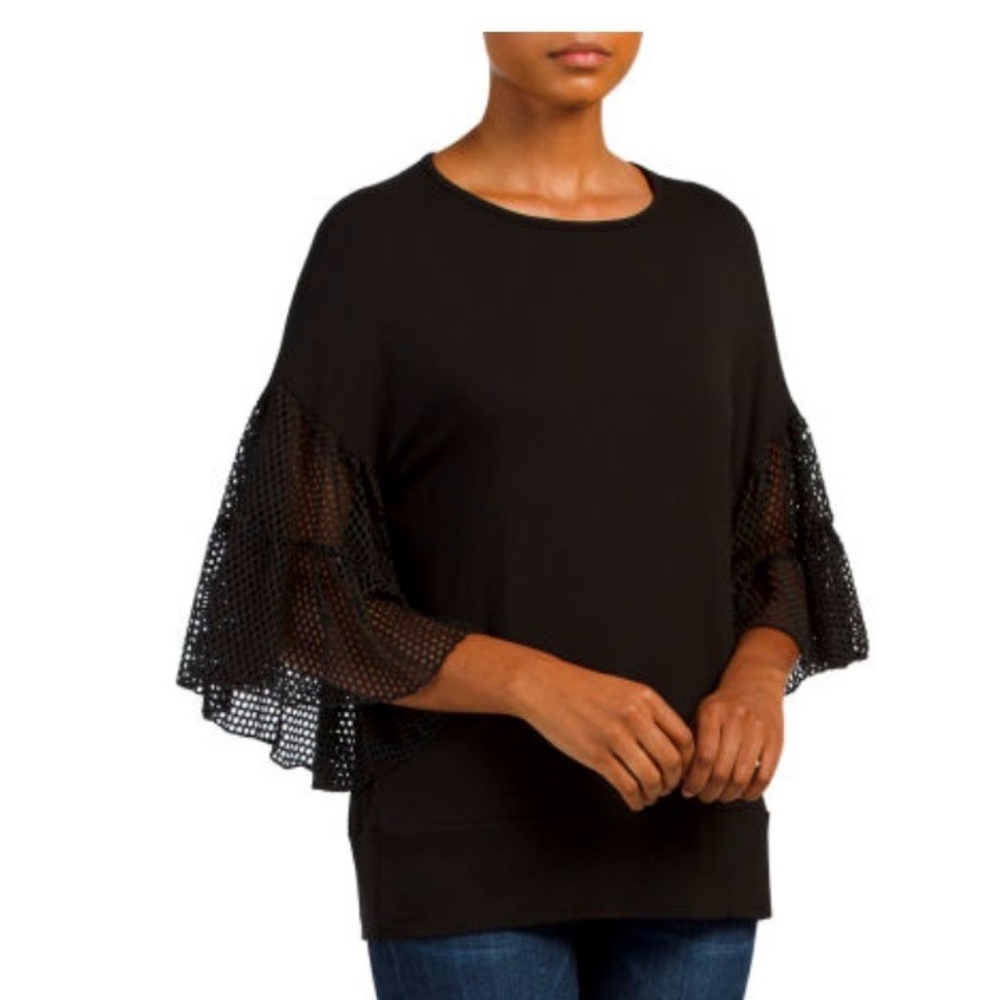 NWT Pebble & Stone THREE QUARTER SLEEVE FISHNET LACE BELL RUFFLE Top Black L